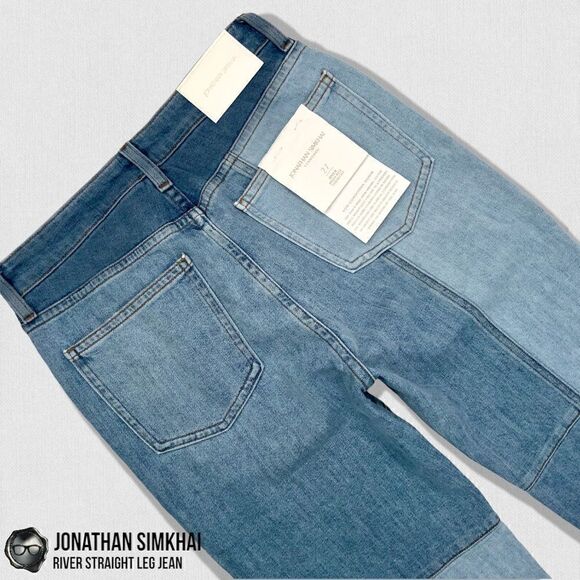 JONATHAN SIMKHAI RIVER STRAIGHT LEG DISTRESSED PATCHWORK JEANS IN INDIGO BLUE 27 - Picture 12 of 16